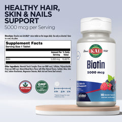 Kal Biotin bottle front label shows vegetarian-friendly supplement.