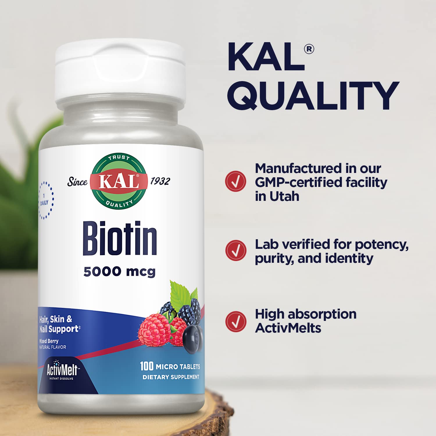 Tablets poured from Kal bottle for easy daily intake.