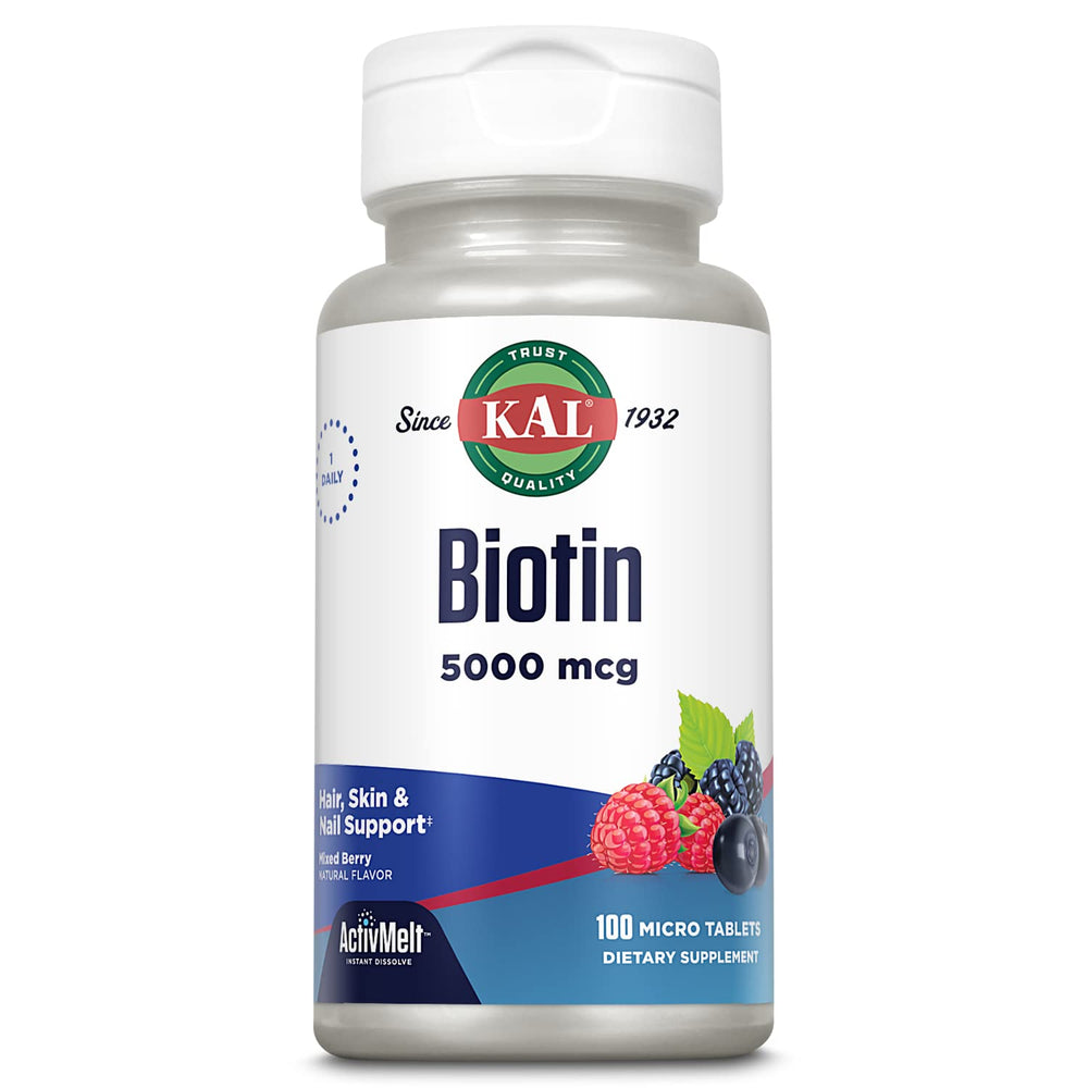 Kal Biotin 5000mcg mixed berry bottle for daily use.
