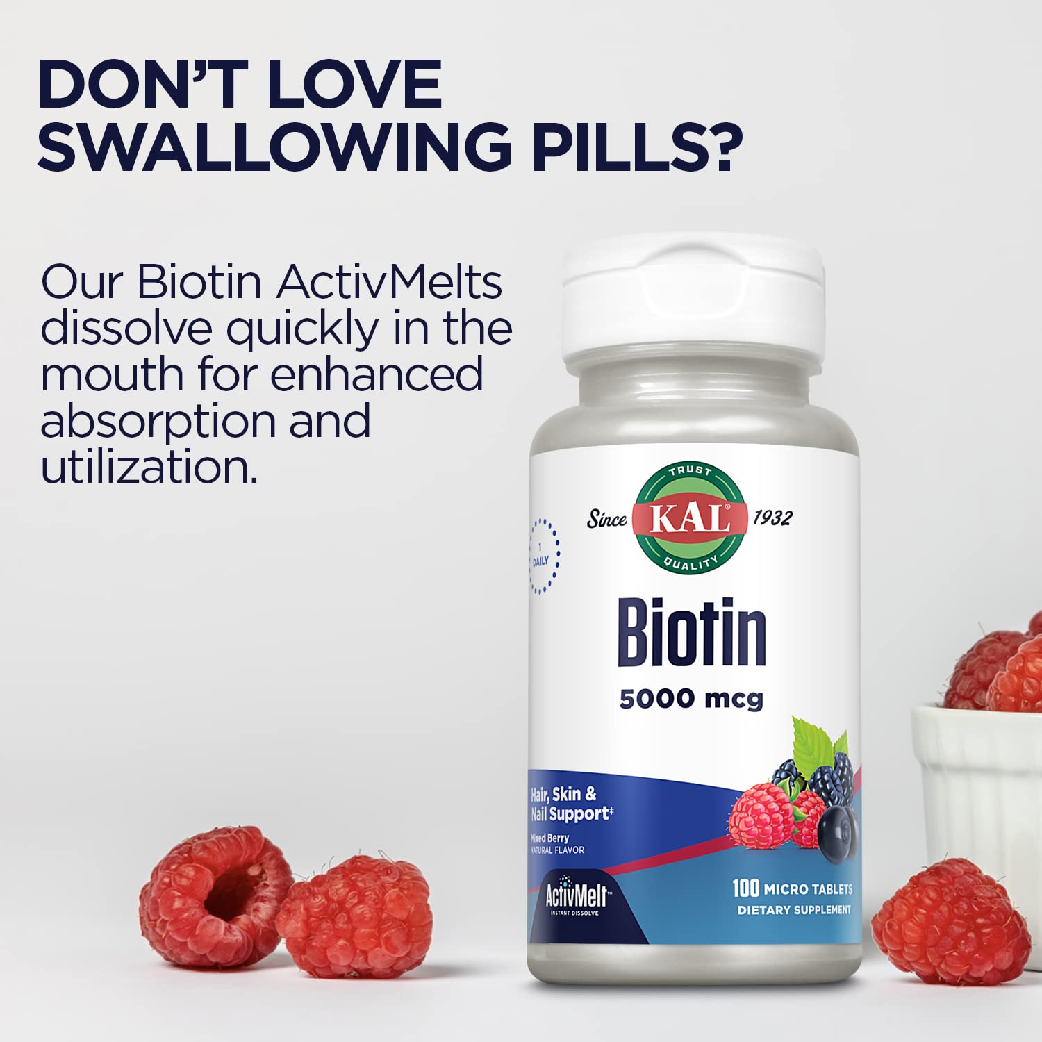 Kal Biotin tablets with water offer convenient daily supplementation.