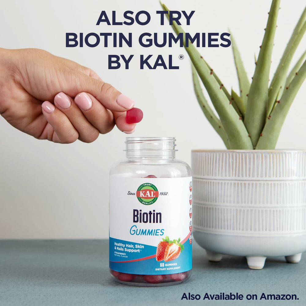 Kal Biotin bottle highlights vegetarian symbol for plant-based formula.