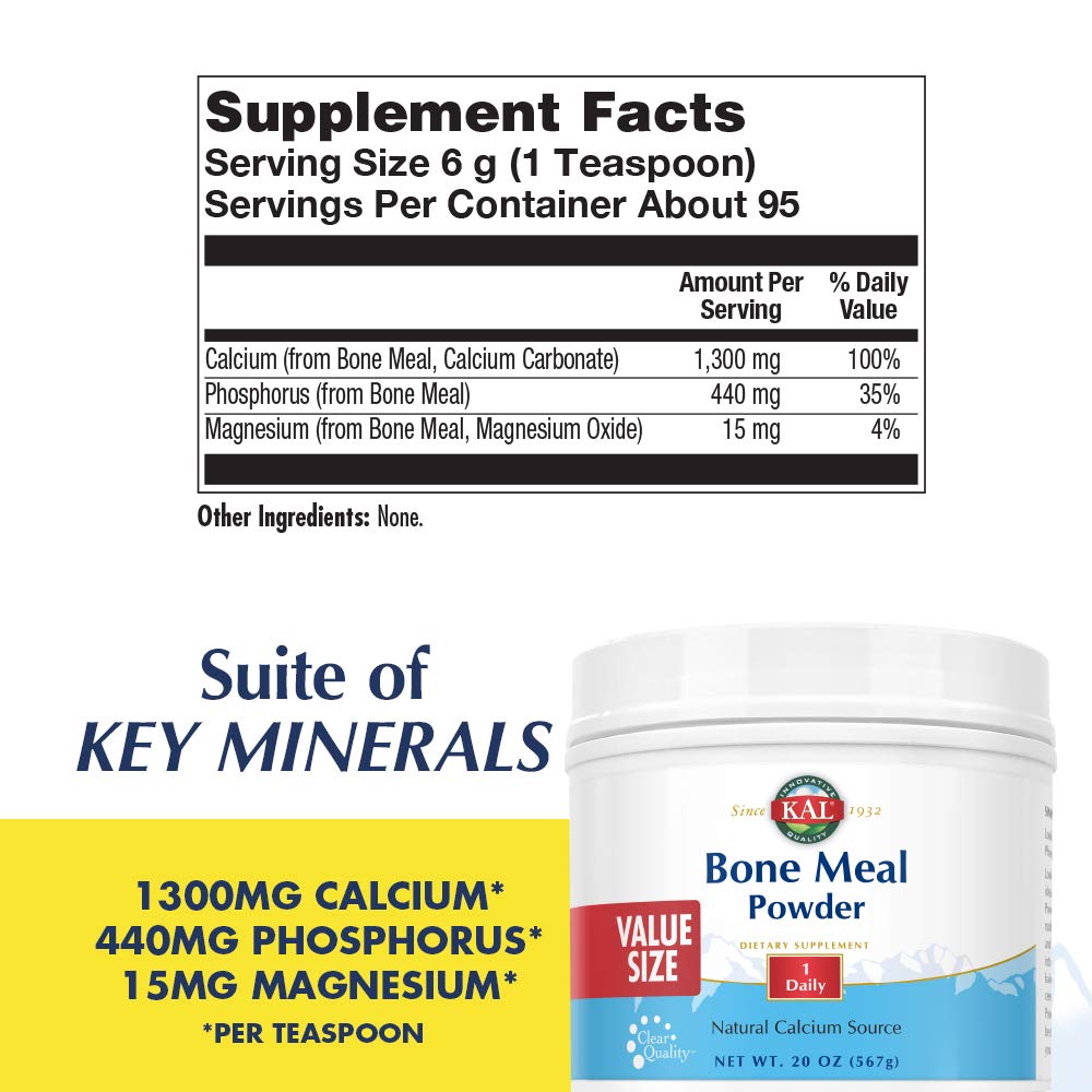 KAL Bone Meal Powder scoop beside bottle for daily calcium intake.