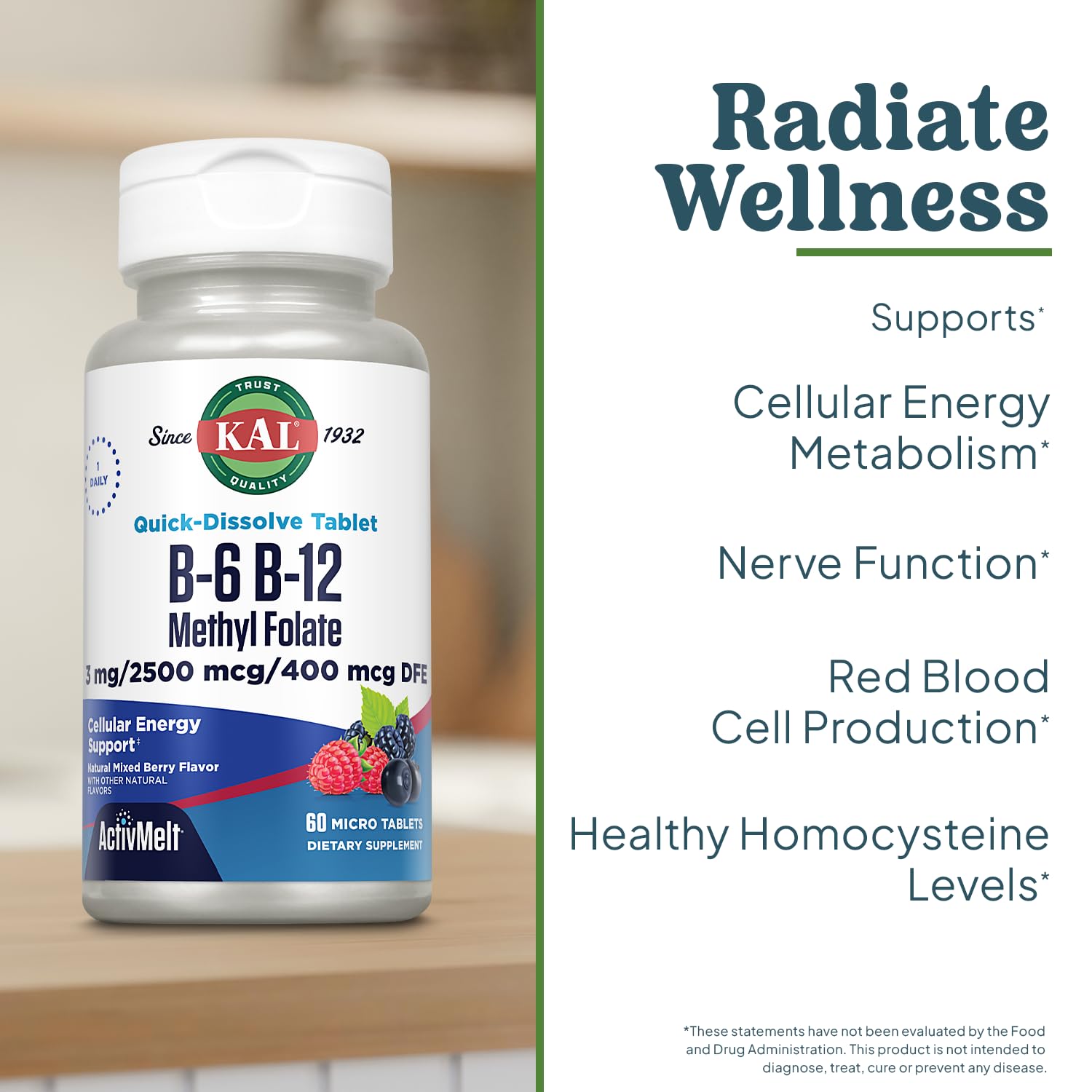 KAL ActivMelt label closeup highlights B6, B12 and folate in bioactive forms.