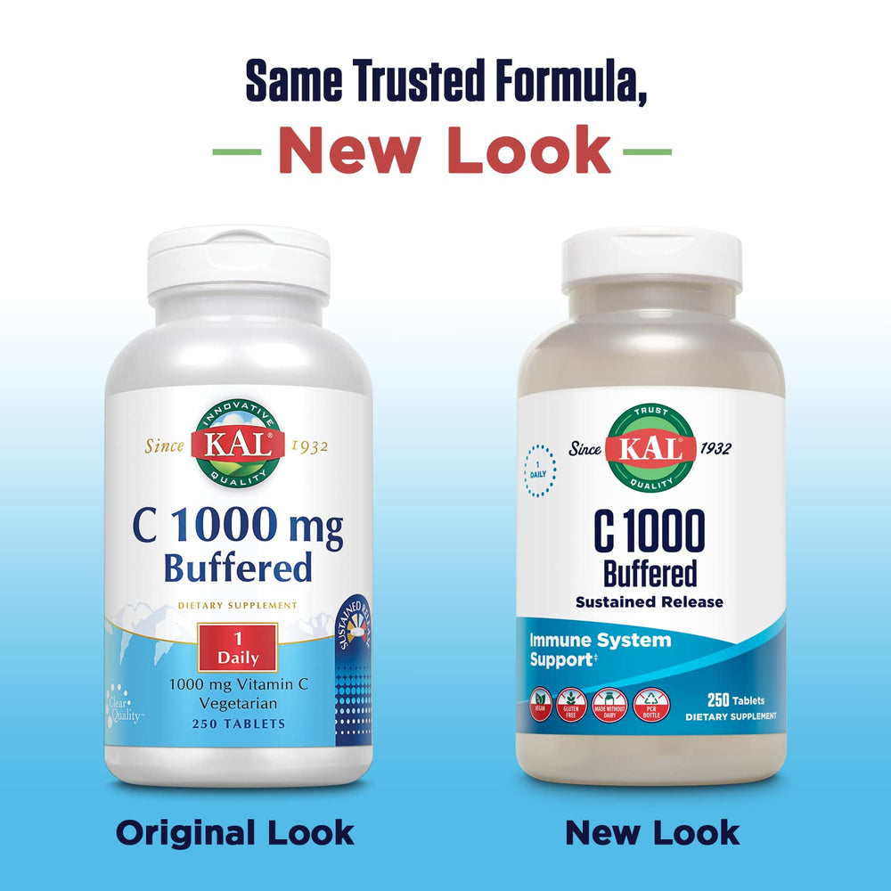 KAL C-1000 tablets close-up highlighting sustained-release formula and vegetarian-friendly tablets