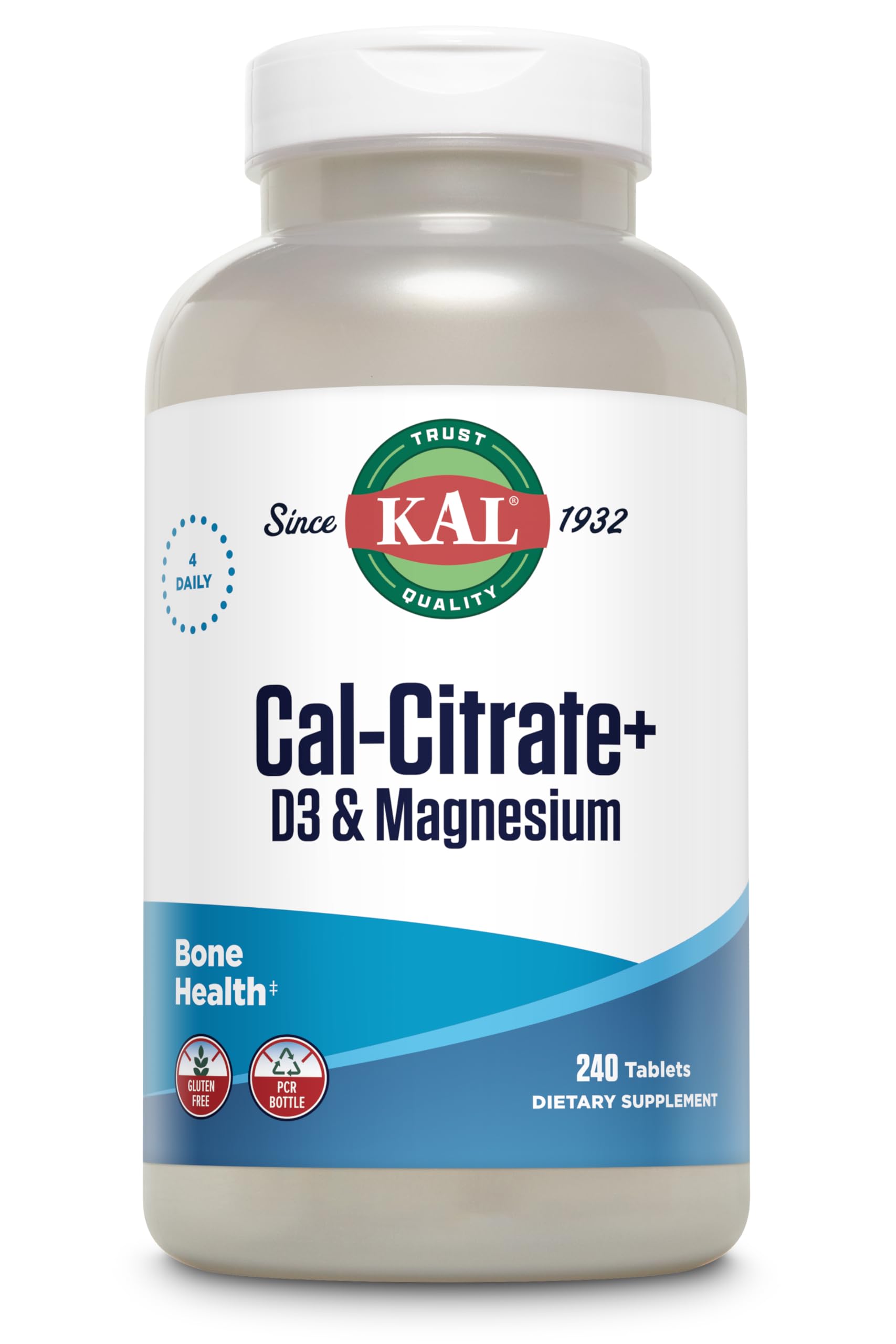 KAL Cal-Citrate+ bottle front with clear label for easy purchase and trust.