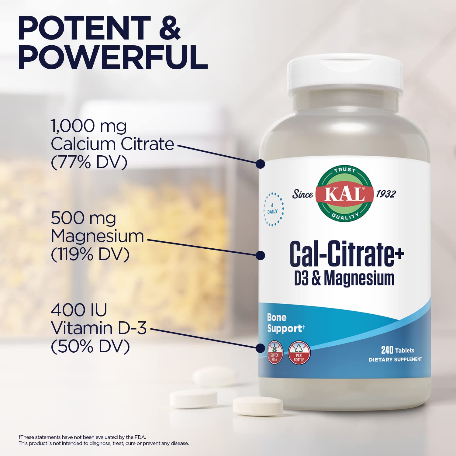 KAL Cal-Citrate+ label features lab verification stamp signaling quality control.