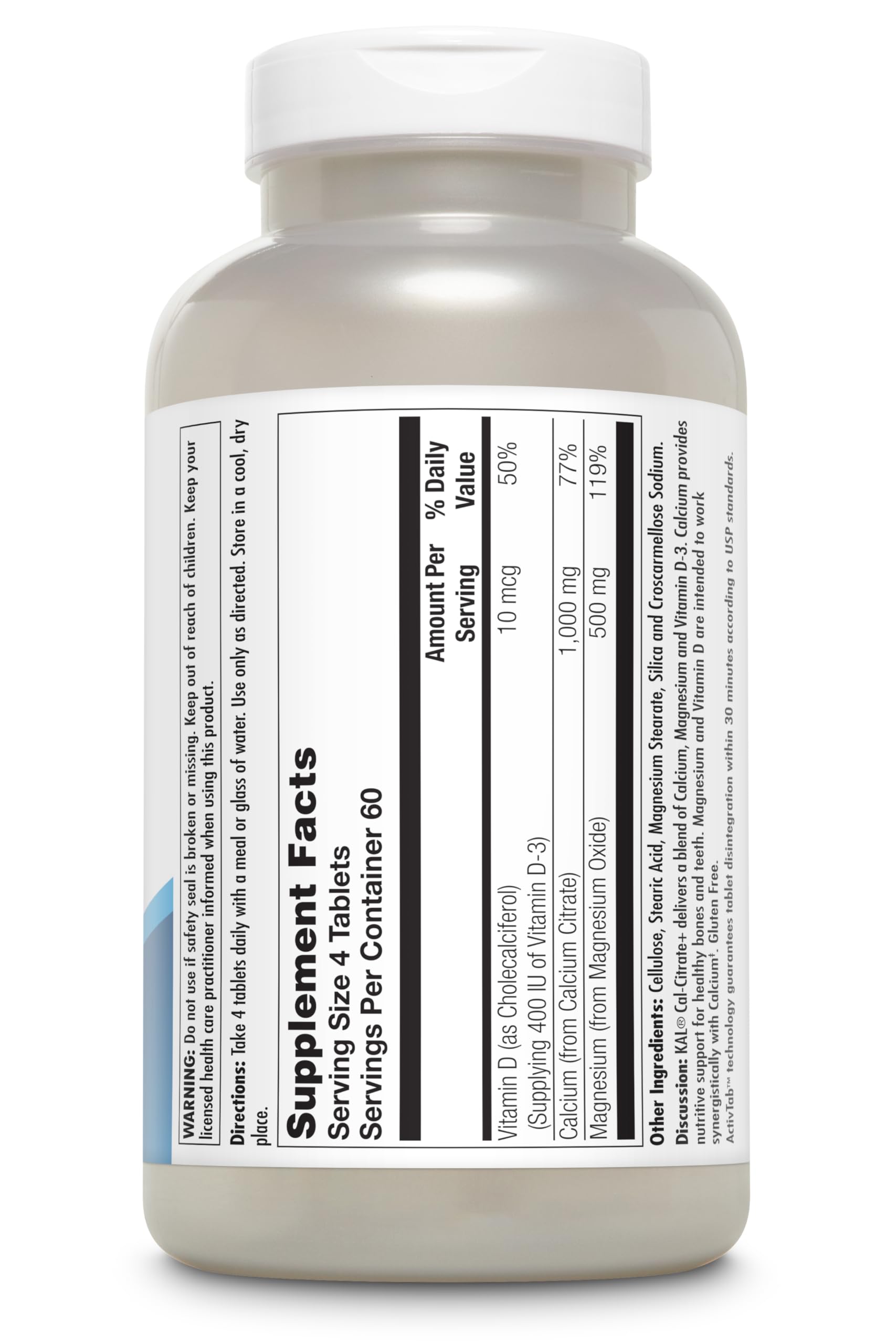 KAL Cal-Citrate+ tablets serving shows 1,000 mg calcium per 4-tablet serving.