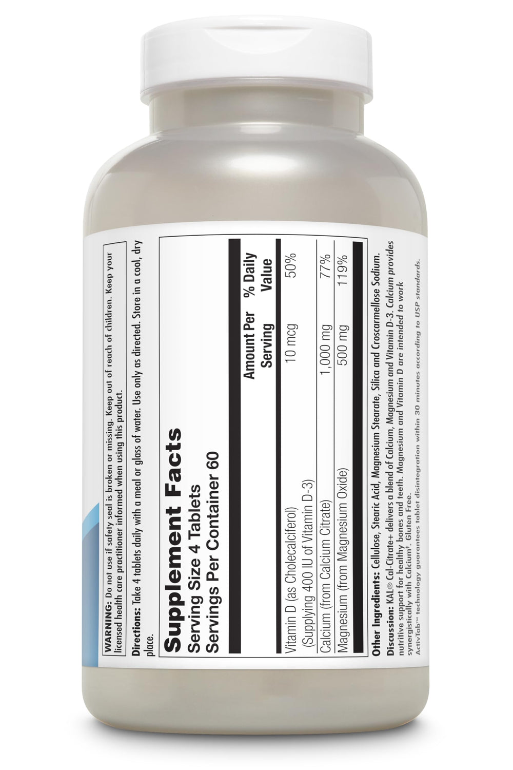 KAL Cal-Citrate+ tablets serving shows 1,000 mg calcium per 4-tablet serving.