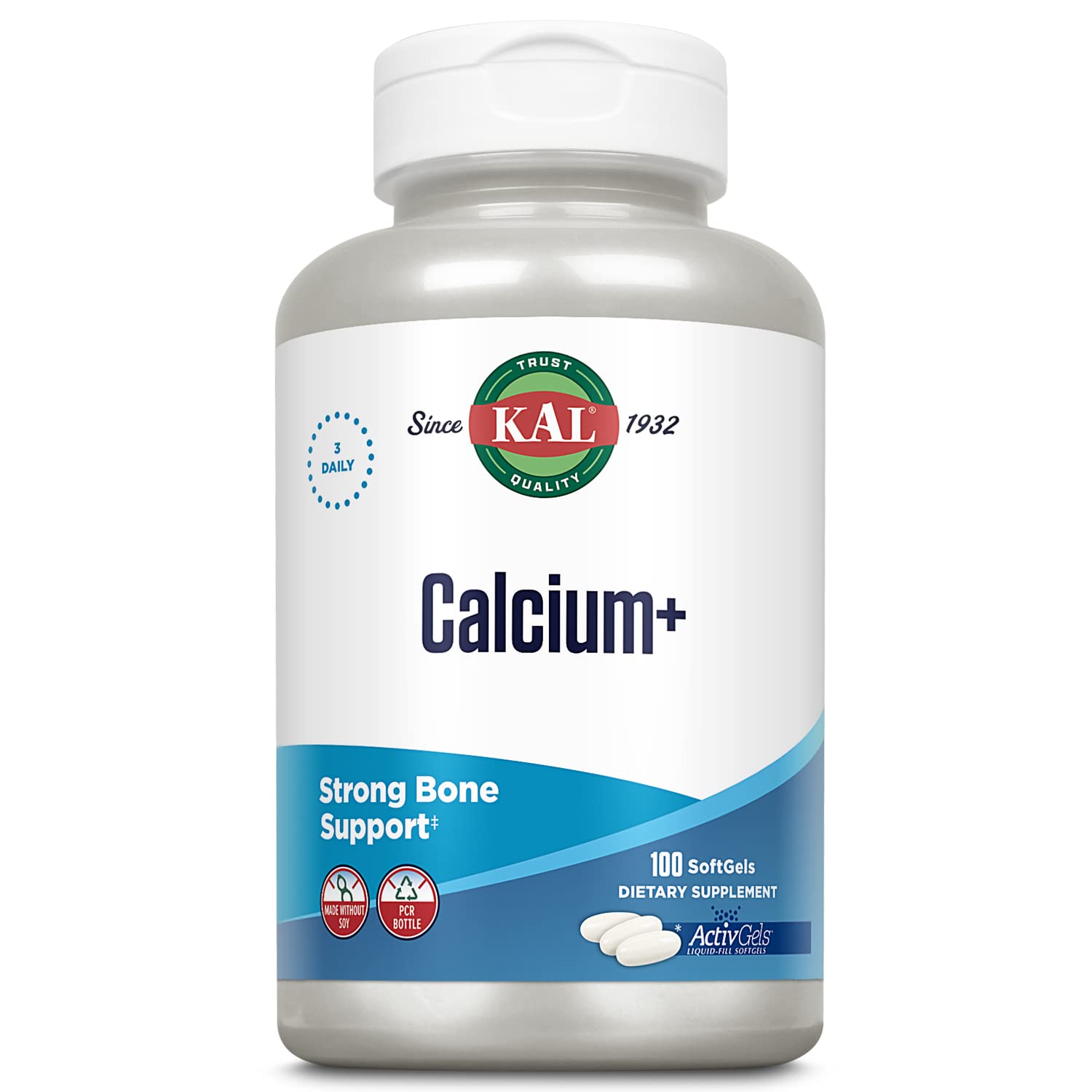 KAL Calcium+ ActivGels bottle shown, supporting healthy teeth and bones with essential minerals.