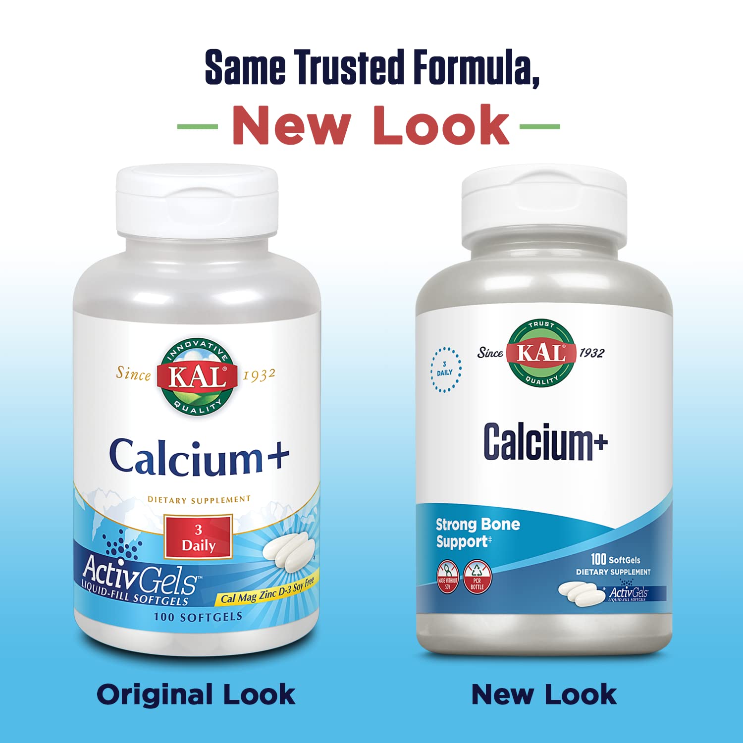 KAL Calcium+ ActivGels softgels close-up, convenient daily supplement for bone and tooth support.