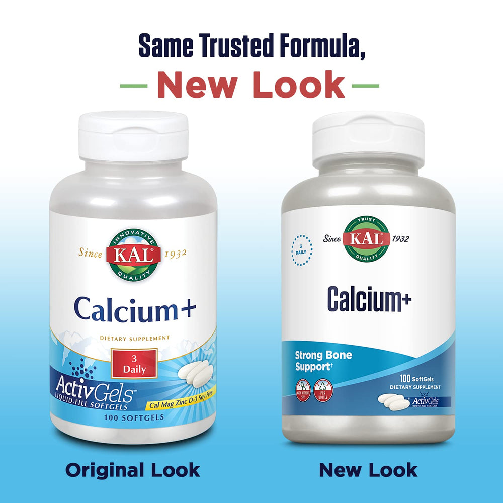 KAL Calcium+ ActivGels softgels close-up, convenient daily supplement for bone and tooth support.