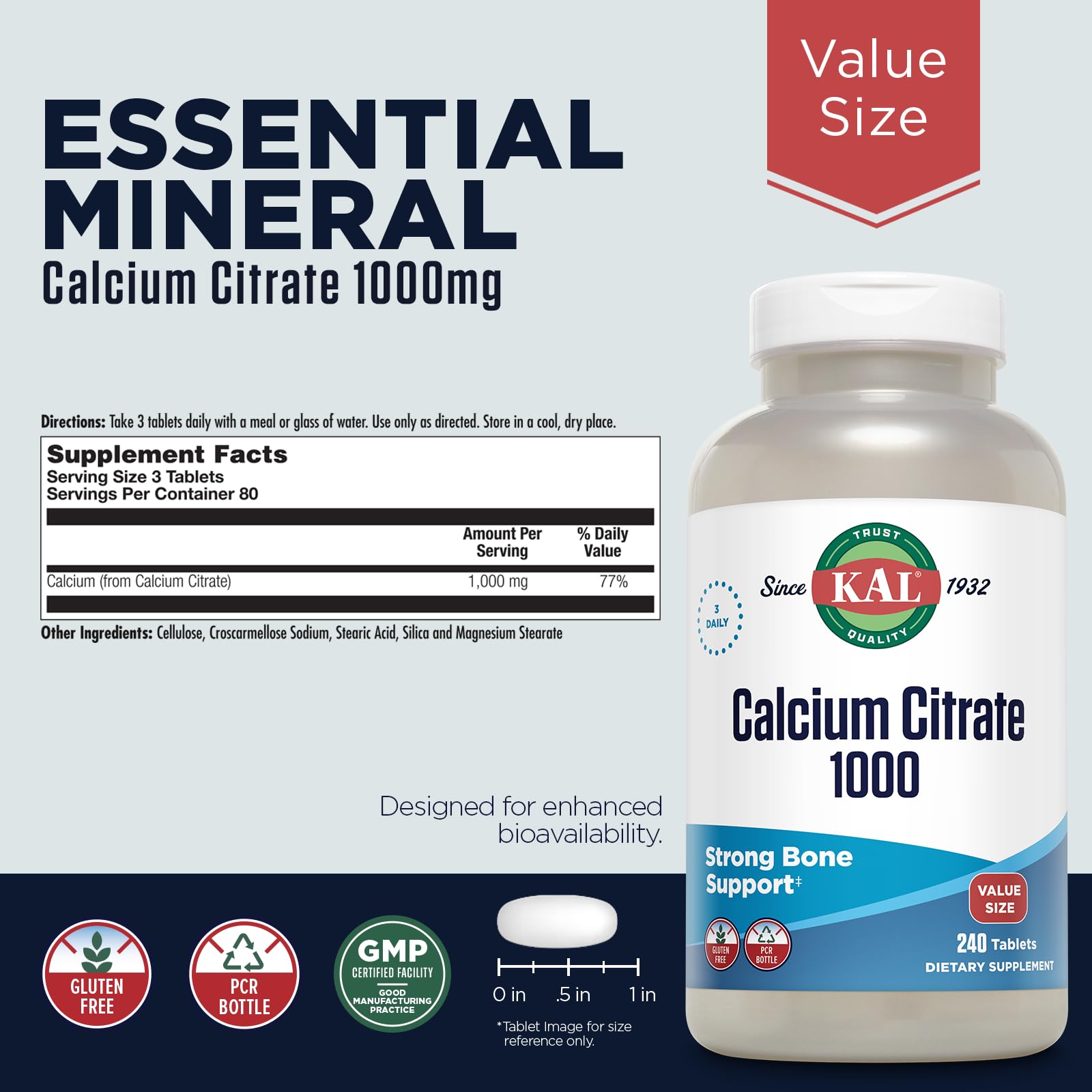 KAL Calcium Citrate 1000mg tablets close-up shows easy-to-swallow form.