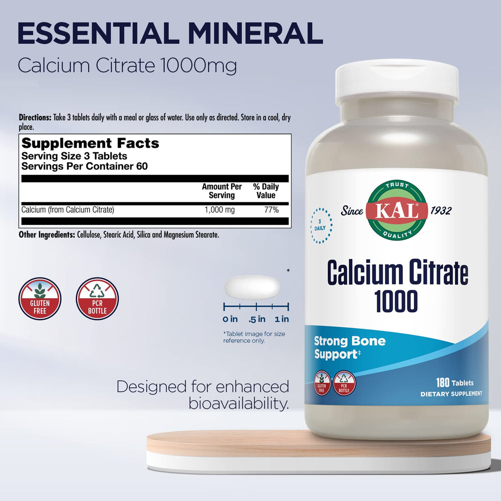 KAL Calcium Citrate 1000mg tablets closeup highlighting chelated absorption design.