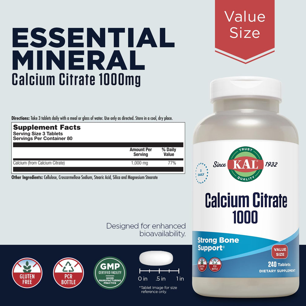 KAL Calcium Citrate 1000mg tablets close-up shows easy-to-swallow form.