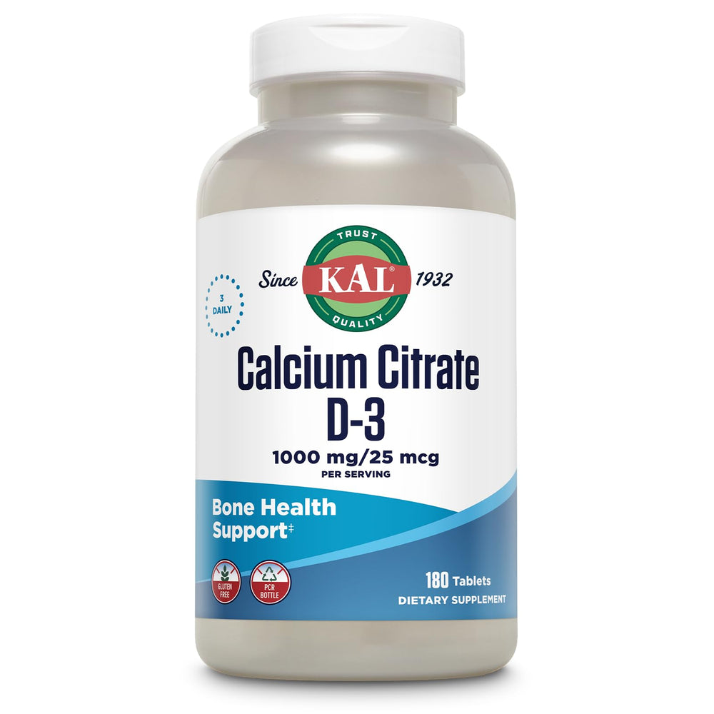 KAL Calcium Citrate D-1000 IU tablets 180-count bottle close-up for bioavailability