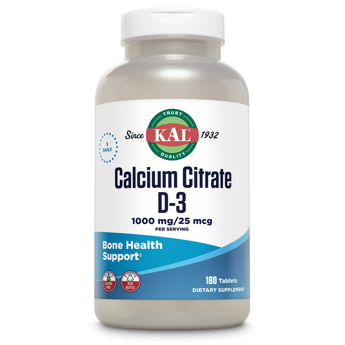 KAL Calcium Citrate D-1000 IU tablets 180-count bottle close-up for bioavailability