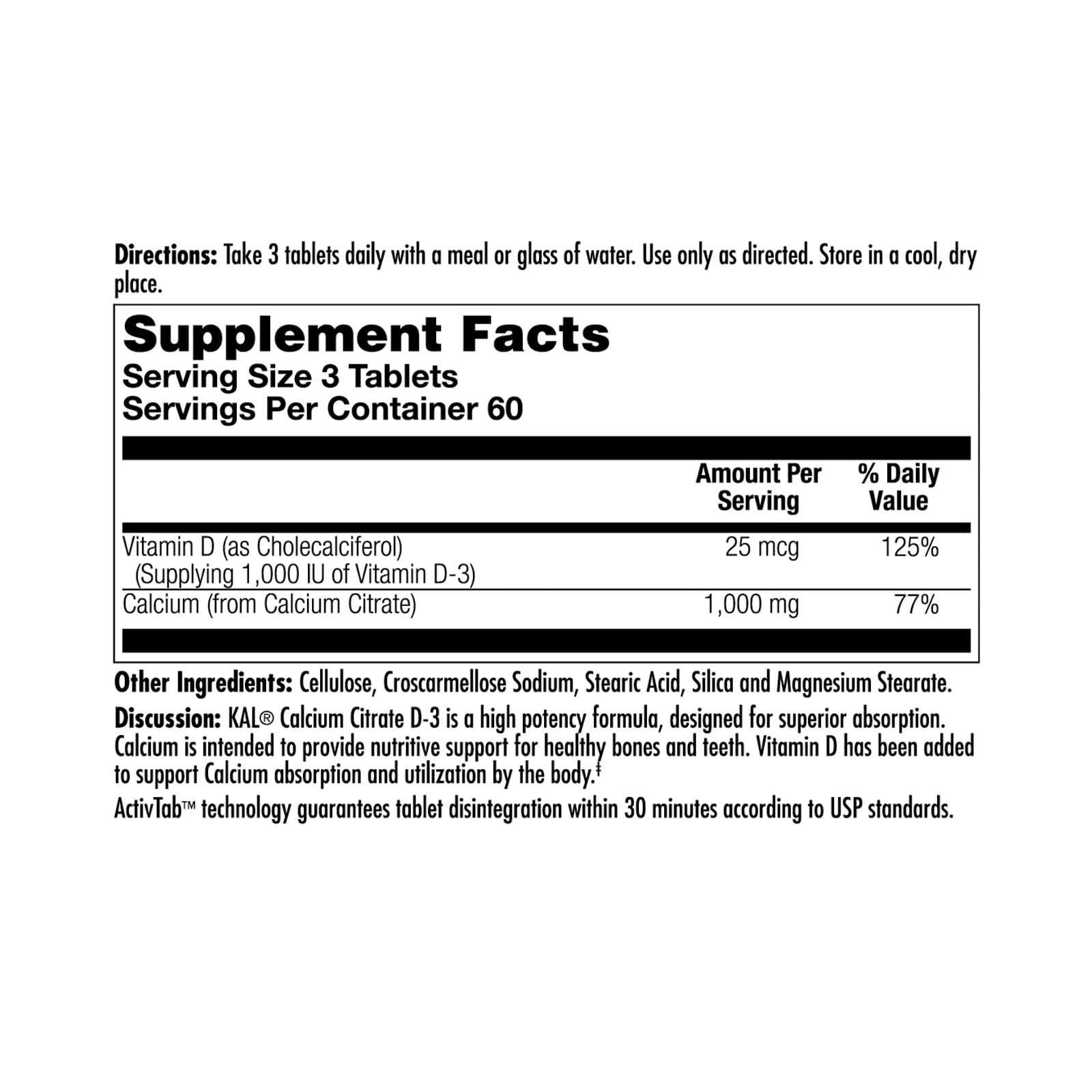 KAL Calcium Citrate D-1000 IU tablets label close-up highlighting potency and absorption
