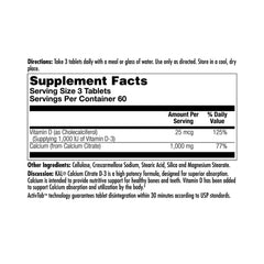 KAL Calcium Citrate D-1000 IU tablets label close-up highlighting potency and absorption