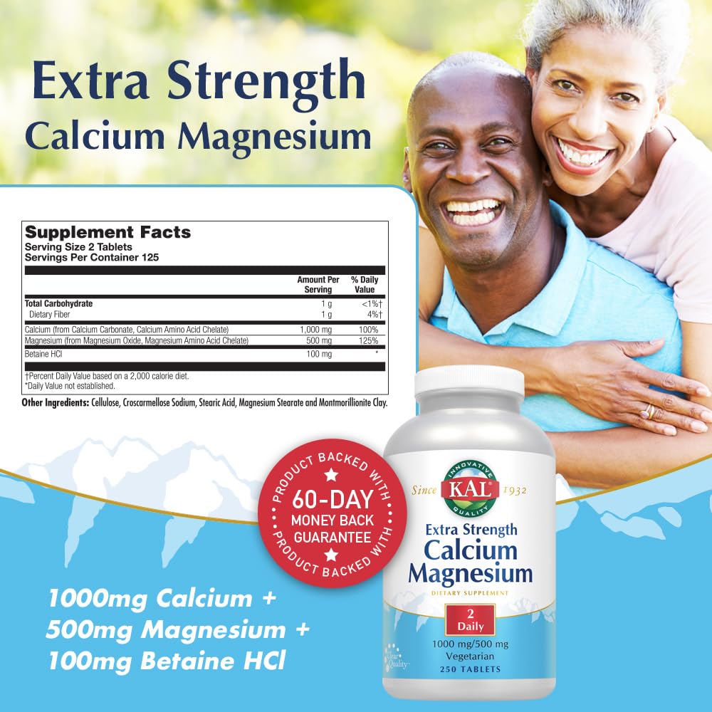 KAL Calcium Magnesium tablets close-up highlights compact form for daily use.
