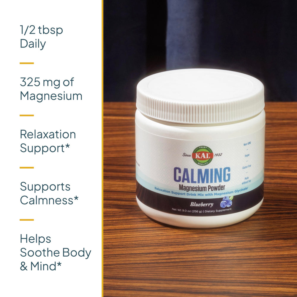 KAL Calming Magnesium blueberry powder pour shows easy mixing.