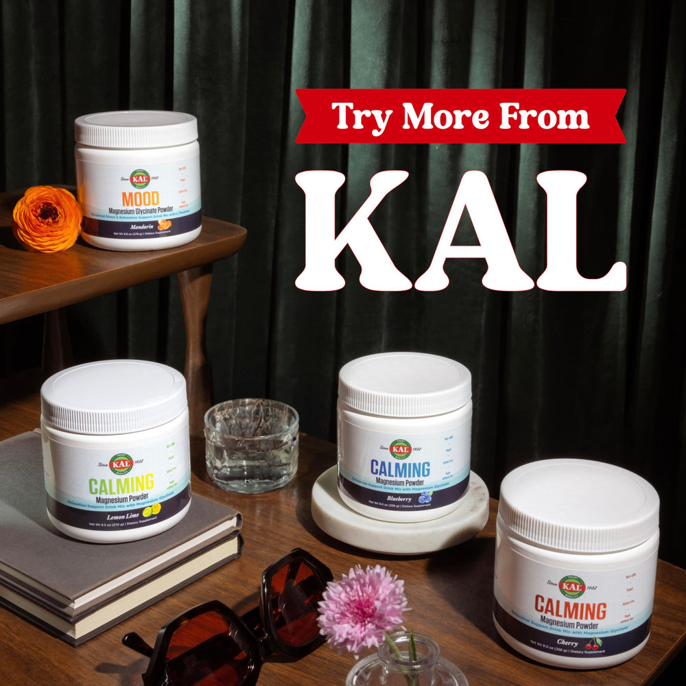 KAL Calming Magnesium label notes vegan, gluten-free, soy-free features.