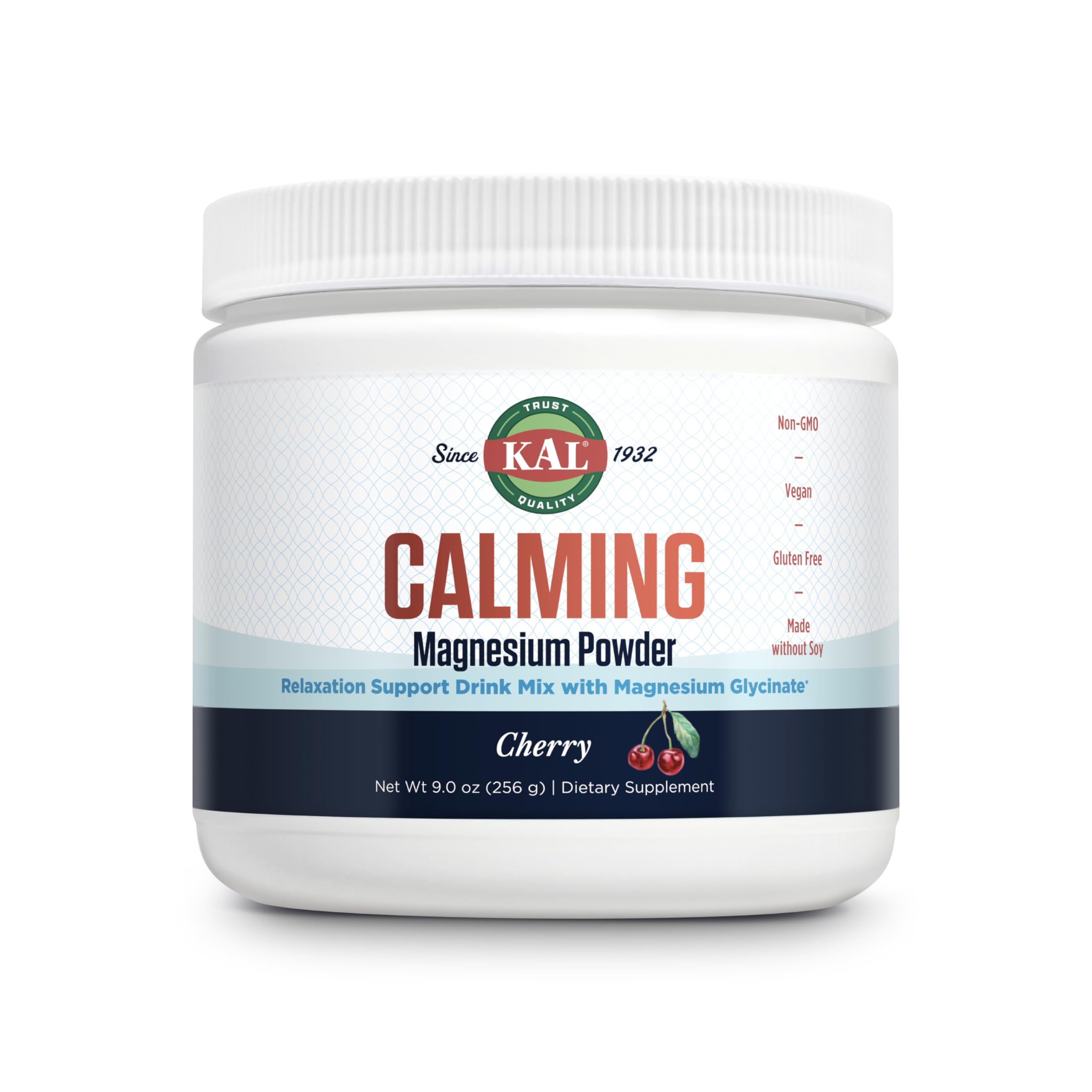 KAL Calming Magnesium Powder cherry bottle showing flavors and relaxation use