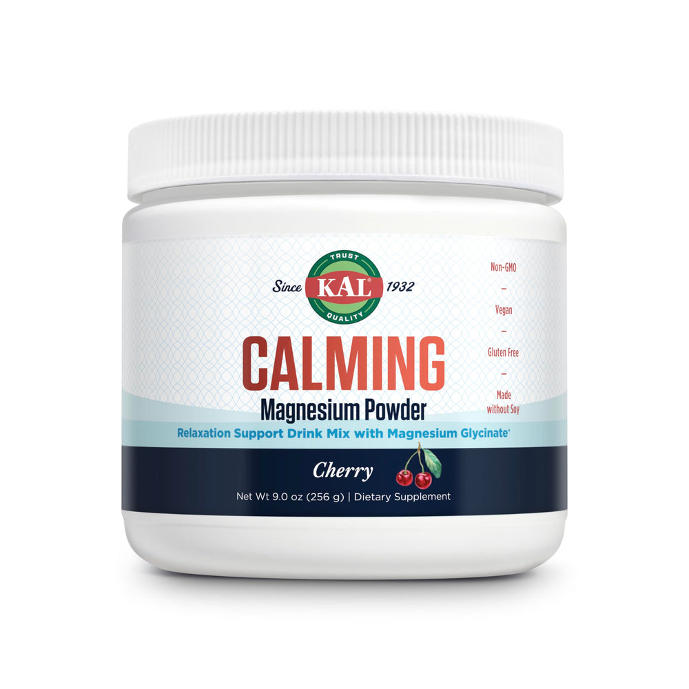 KAL Calming Magnesium Powder cherry bottle showing flavors and relaxation use