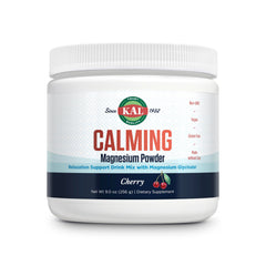KAL Calming Magnesium Powder cherry bottle showing flavors and relaxation use