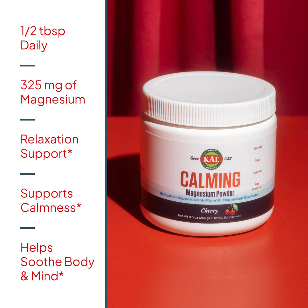 KAL Calming Magnesium Powder cherry label closeup vegan gluten-free soy-free
