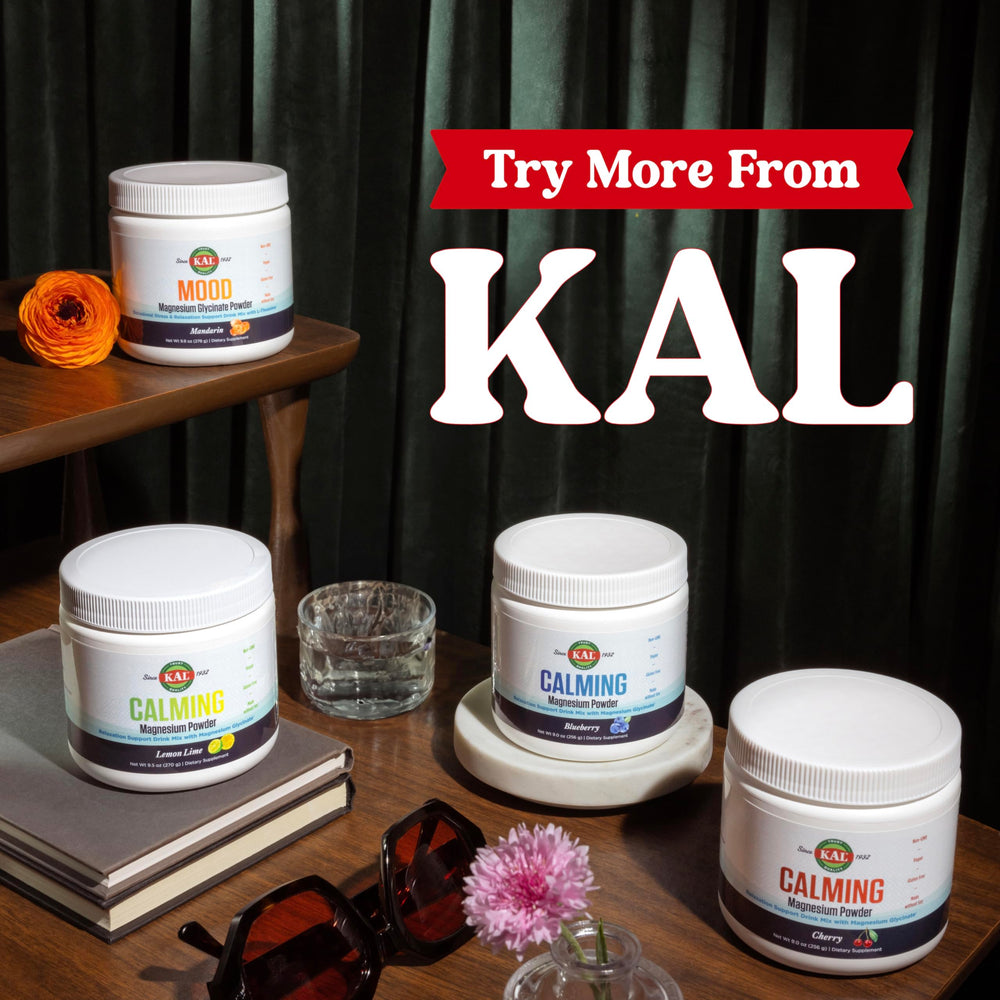 KAL Calming Magnesium Powder cherry packaging with 40 servings in 9 oz
