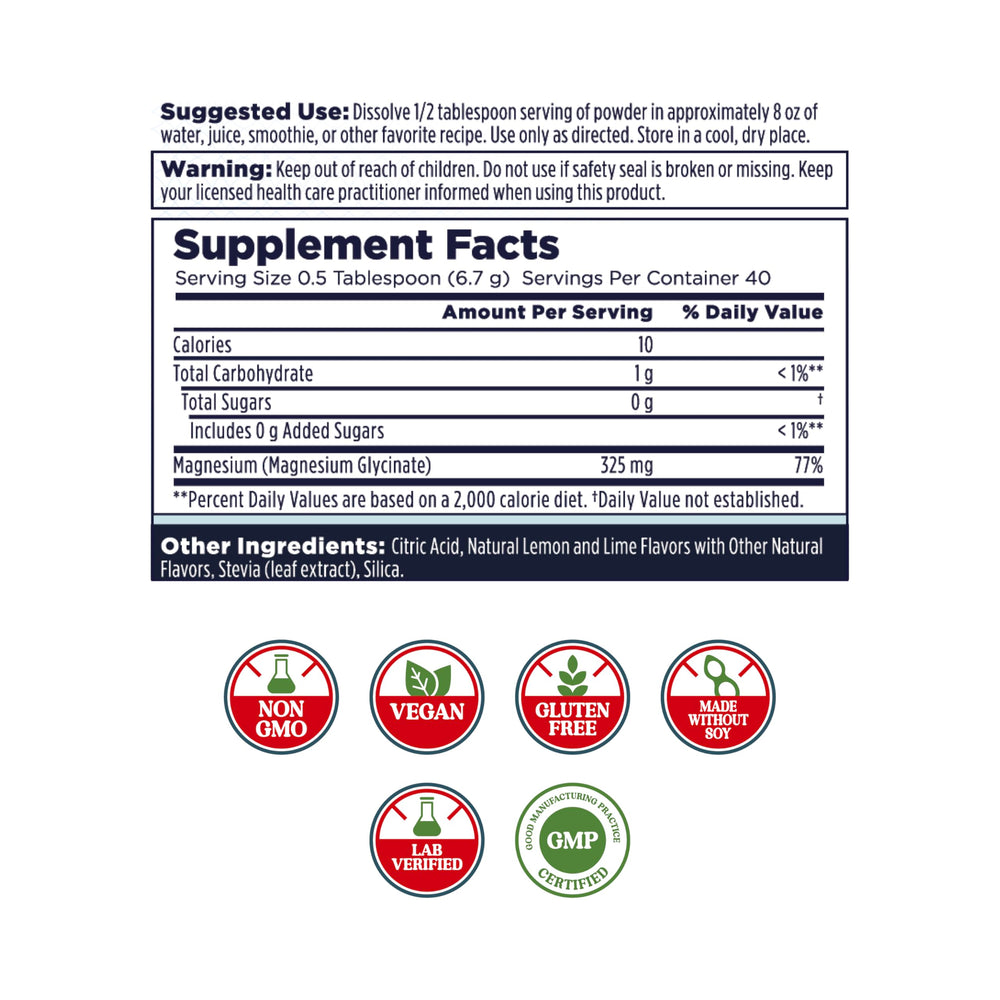 Kal Calming Magnesium Powder label closeup shows chelated glycinate for higher absorption.
