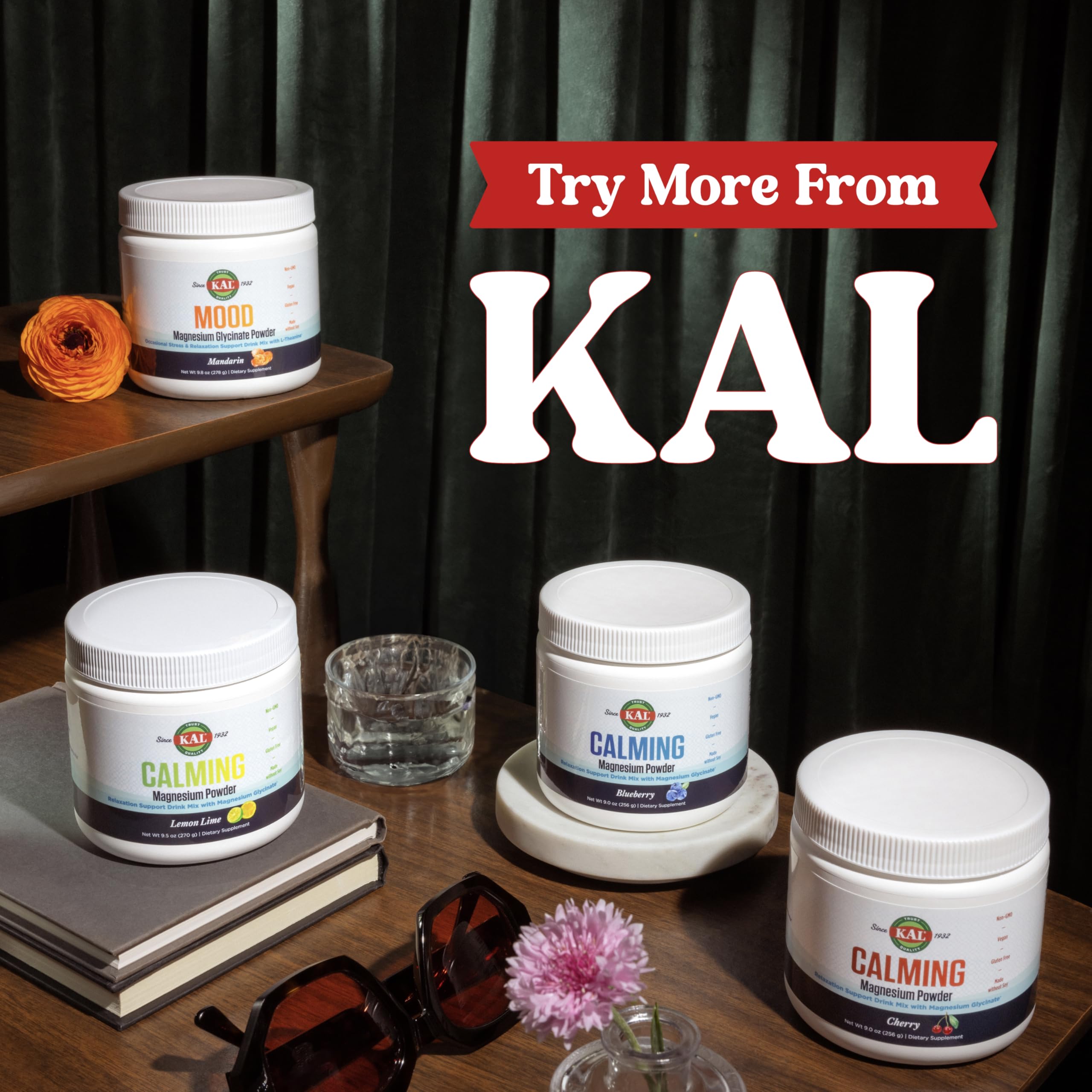 Kal Calming Magnesium Powder vegan glutenfree seal reinforces clean, plant-based supplement.