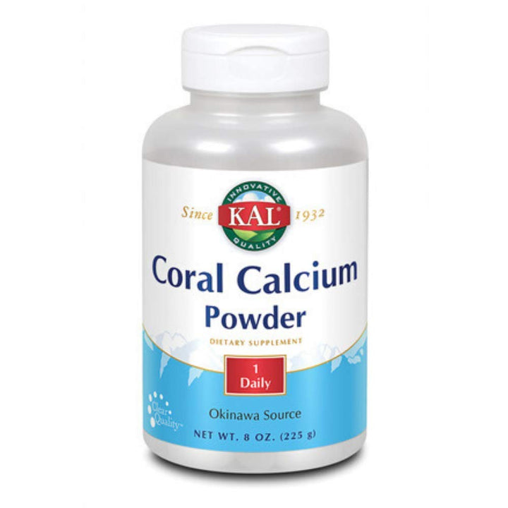 KAL Coral Calcium Powder 1000 mg tablets in unflavored form supporting bones and teeth health.