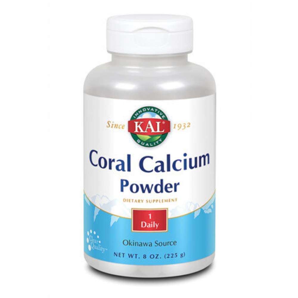 KAL Coral Calcium Powder 1000 mg tablets in unflavored form supporting bones and teeth health.