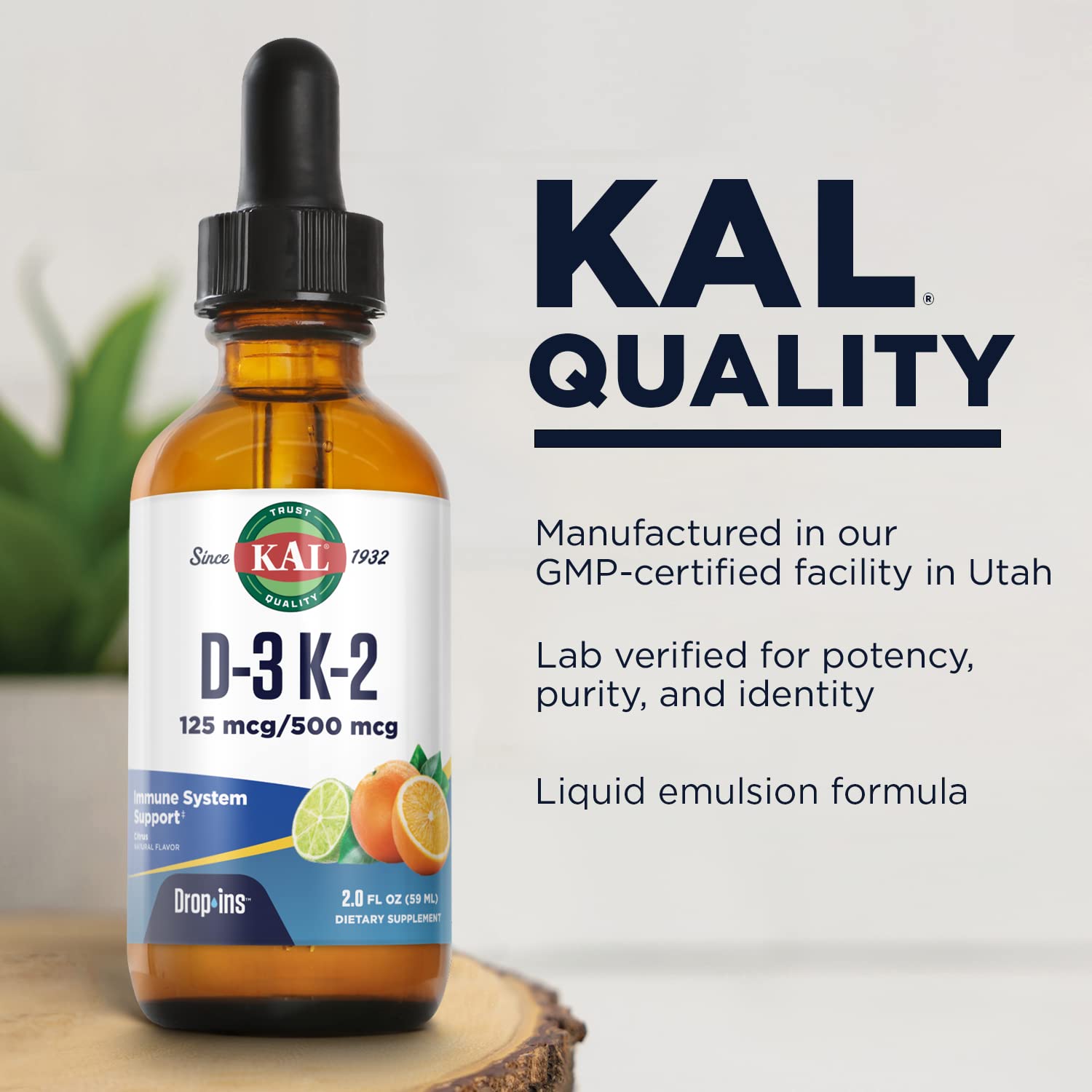 KAL D3 K2 DropIns amber bottle on shelf, convenient 2 fl oz size.