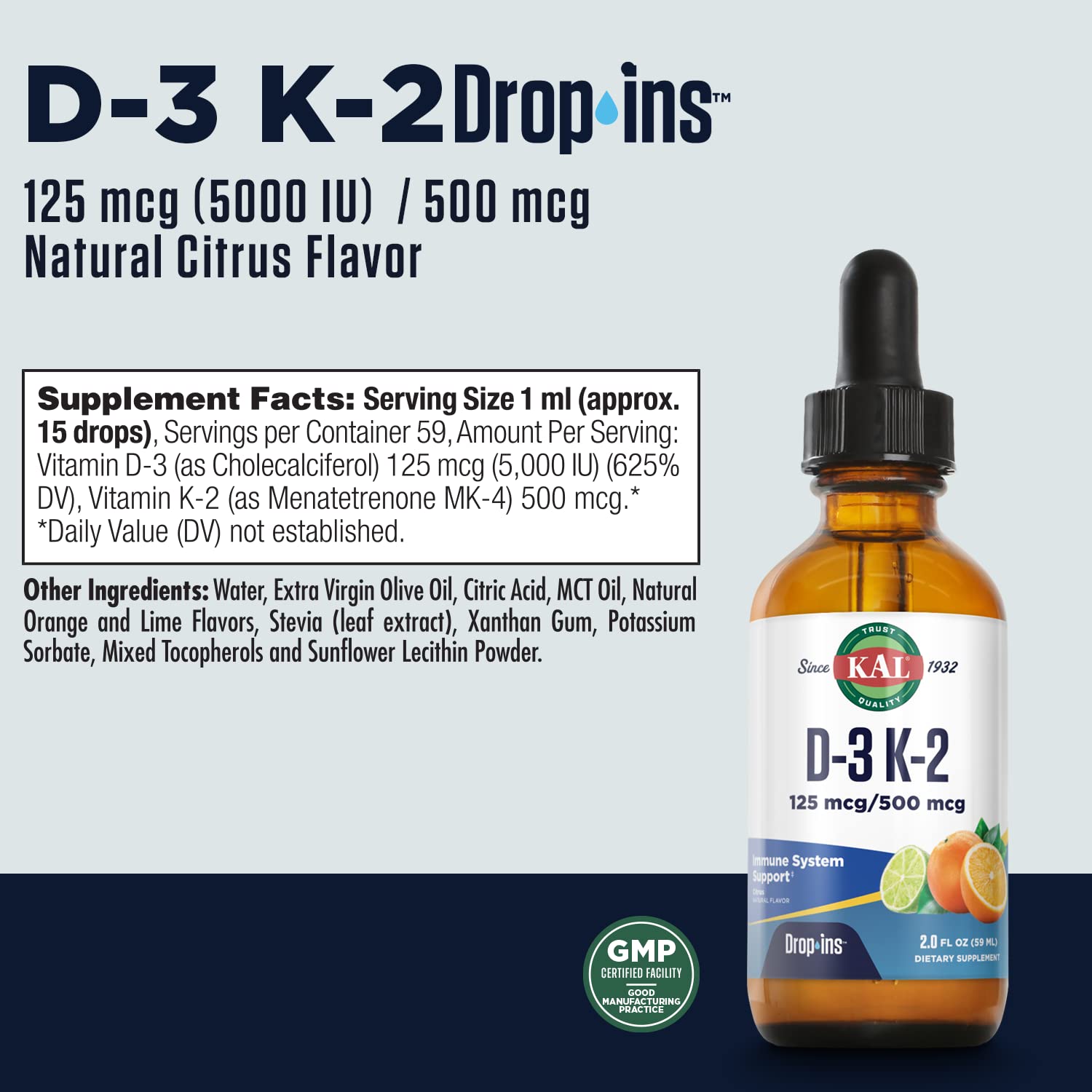 KAL D3 K2 DropIns bottle back showing dosage details for daily use.
