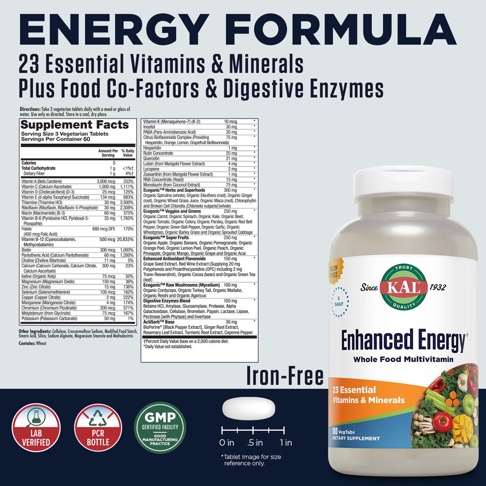 KAL Enhanced Energy Multivitamin bottle label highlighting whole-food cofactors for daily nutrition