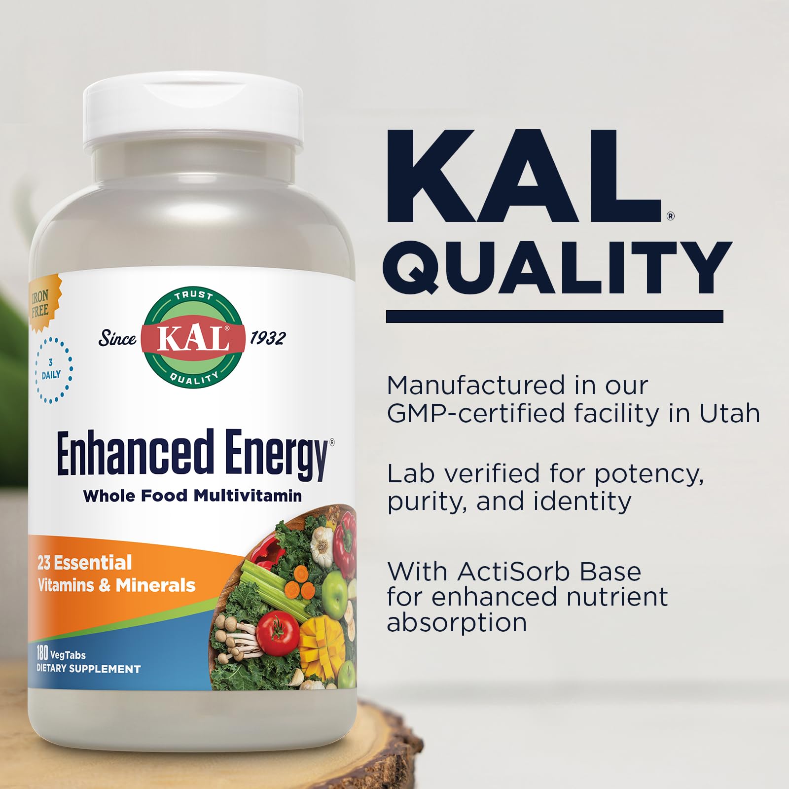 KAL Enhanced Energy Multivitamin capsule close-up with digestive enzymes icon for digestion support