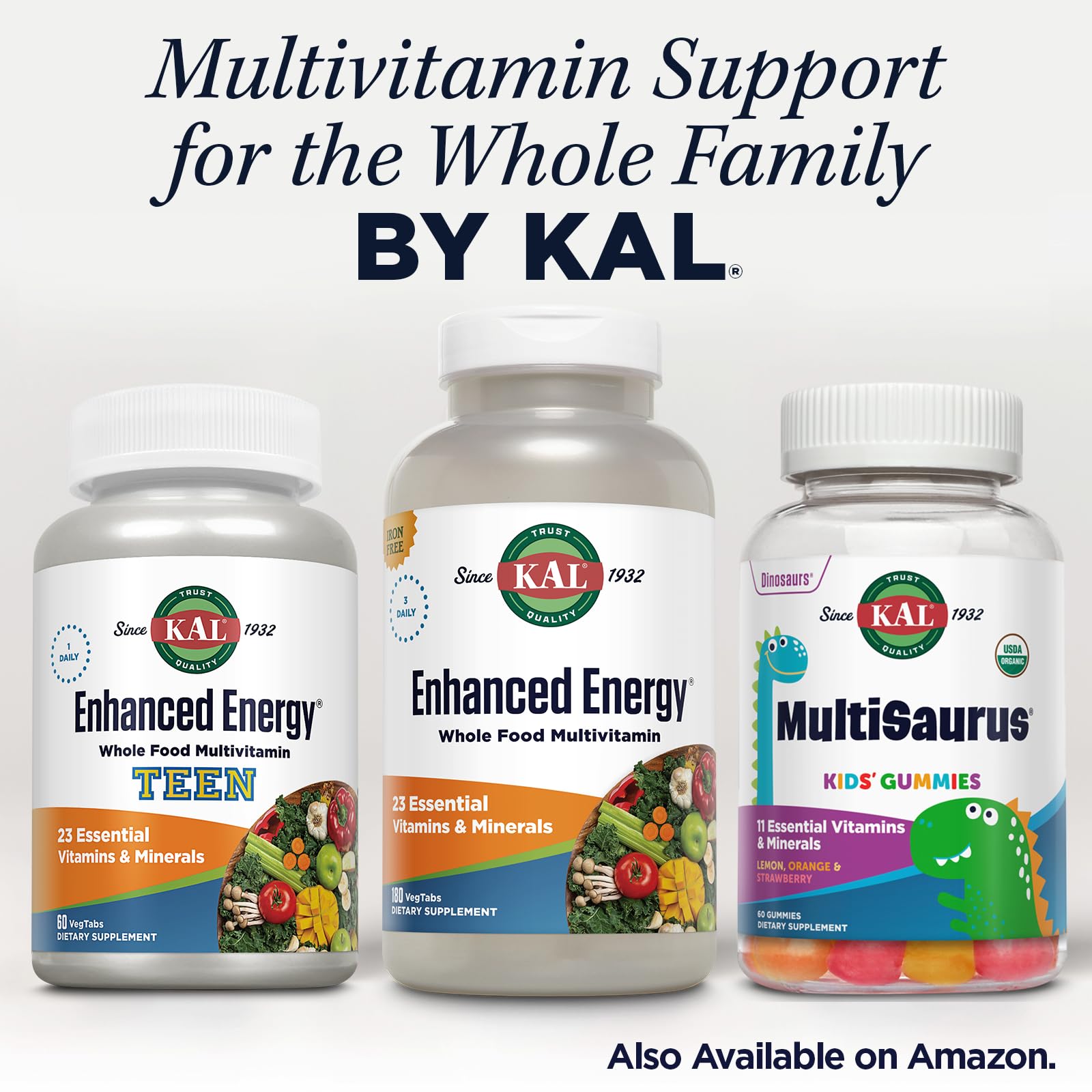 KAL Enhanced Energy Multivitamin packaging with serving guide for three daily servings