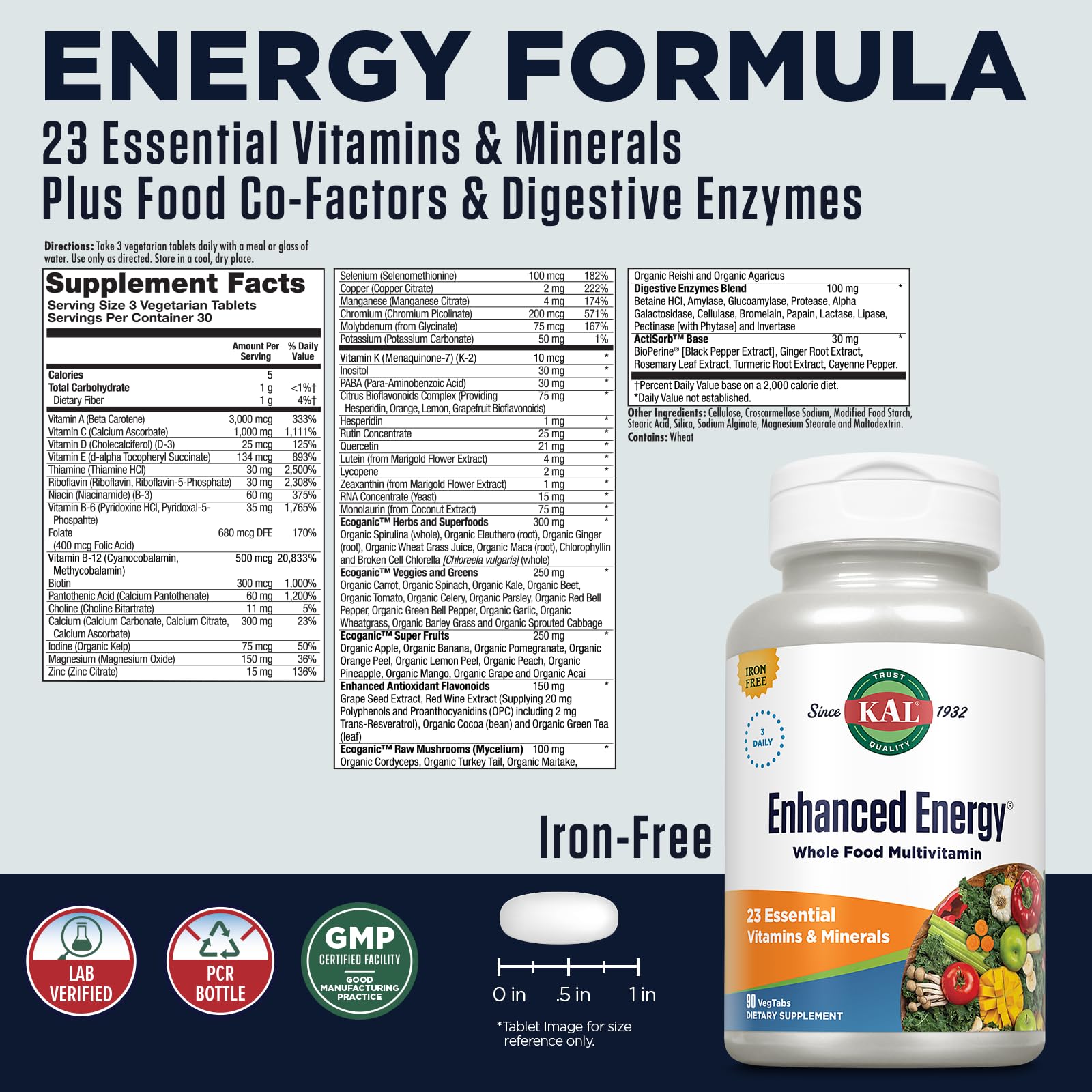 KAL Enhanced Energy Supplements bottle being poured, three-per-day dosing.