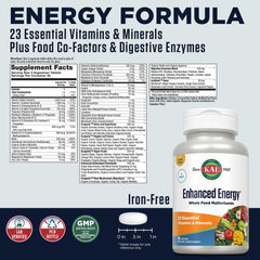 KAL Enhanced Energy Supplements bottle being poured, three-per-day dosing.