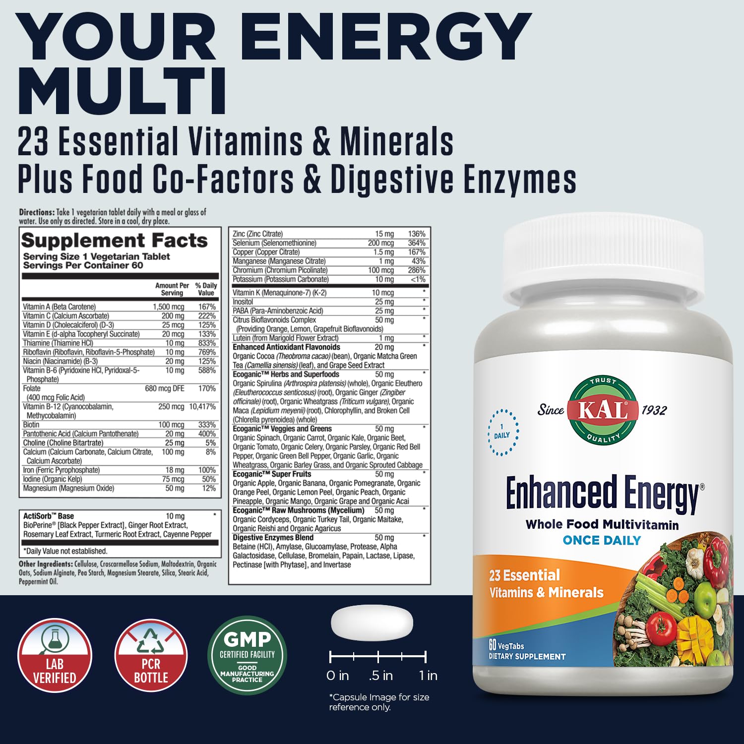 KAL Enhanced Energy Tablets bottle side highlights ingredients boosting focus and stamina.