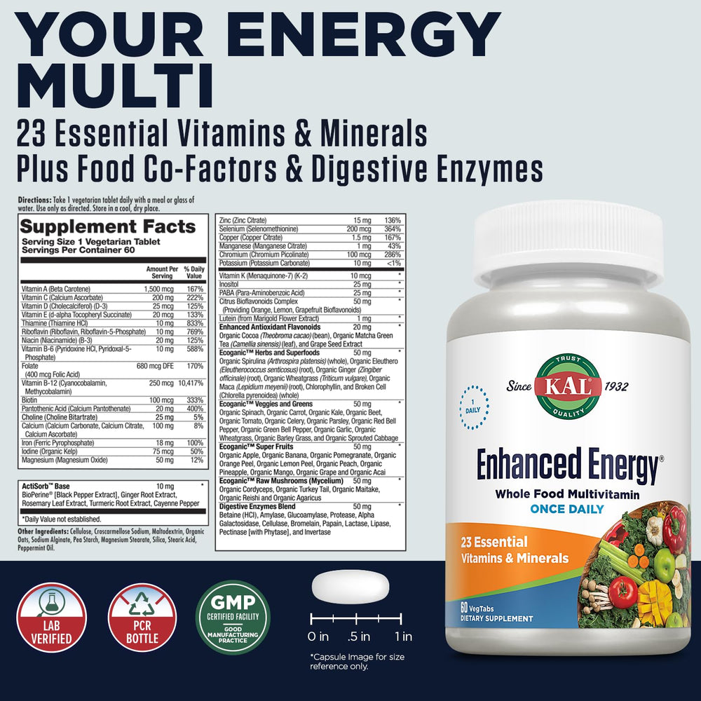 KAL Enhanced Energy Tablets bottle side highlights ingredients boosting focus and stamina.