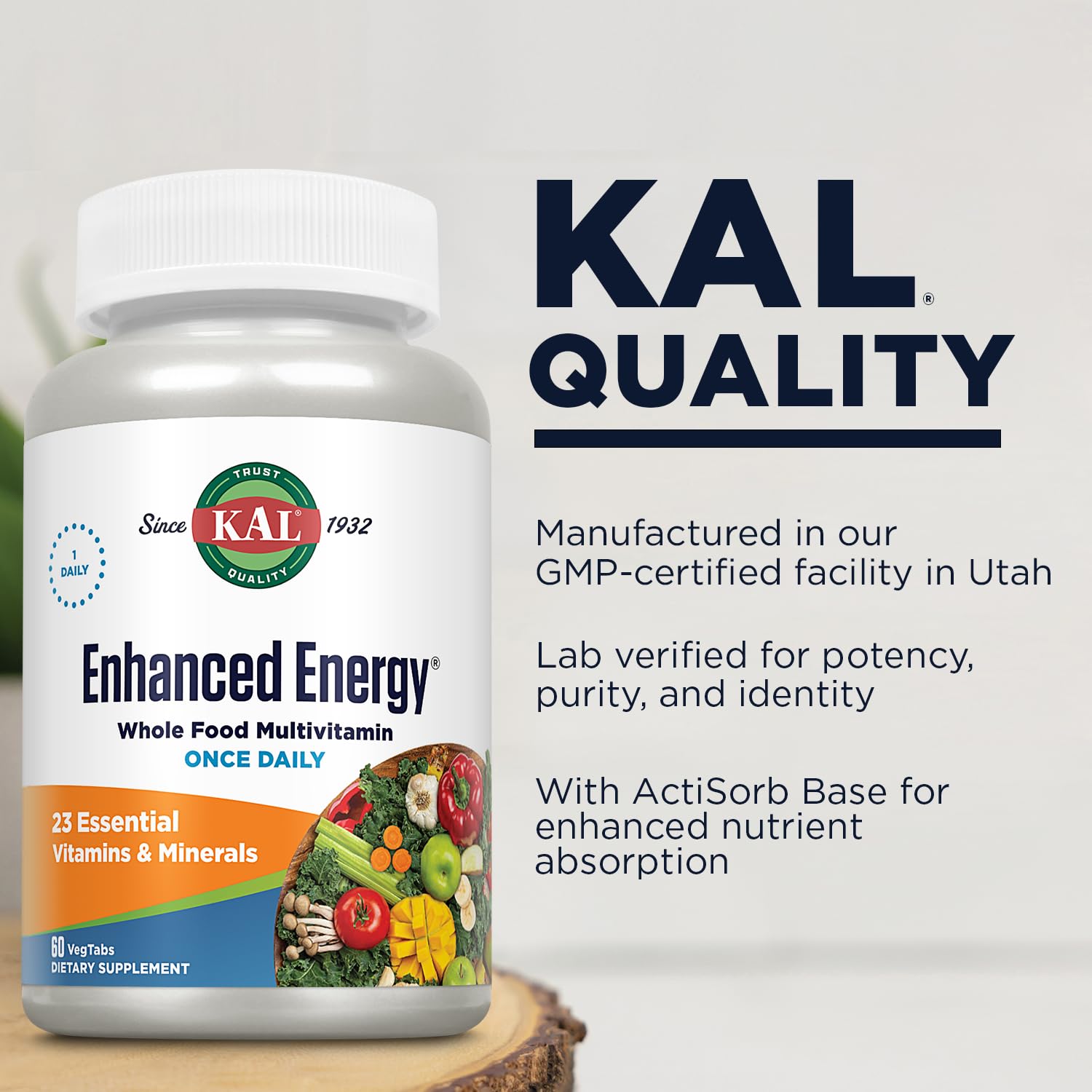 KAL Enhanced Energy Tablets ingredients blend highlights vitamins, enzymes, and energizing greens.