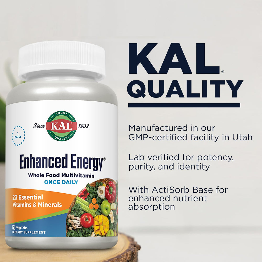 KAL Enhanced Energy Tablets ingredients blend highlights vitamins, enzymes, and energizing greens.