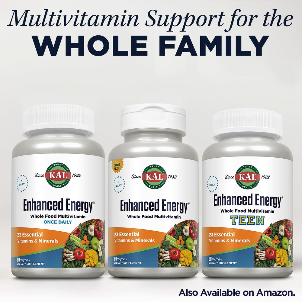 KAL Enhanced Energy Tablets pouring action suggests quick, on-the-go energy support.