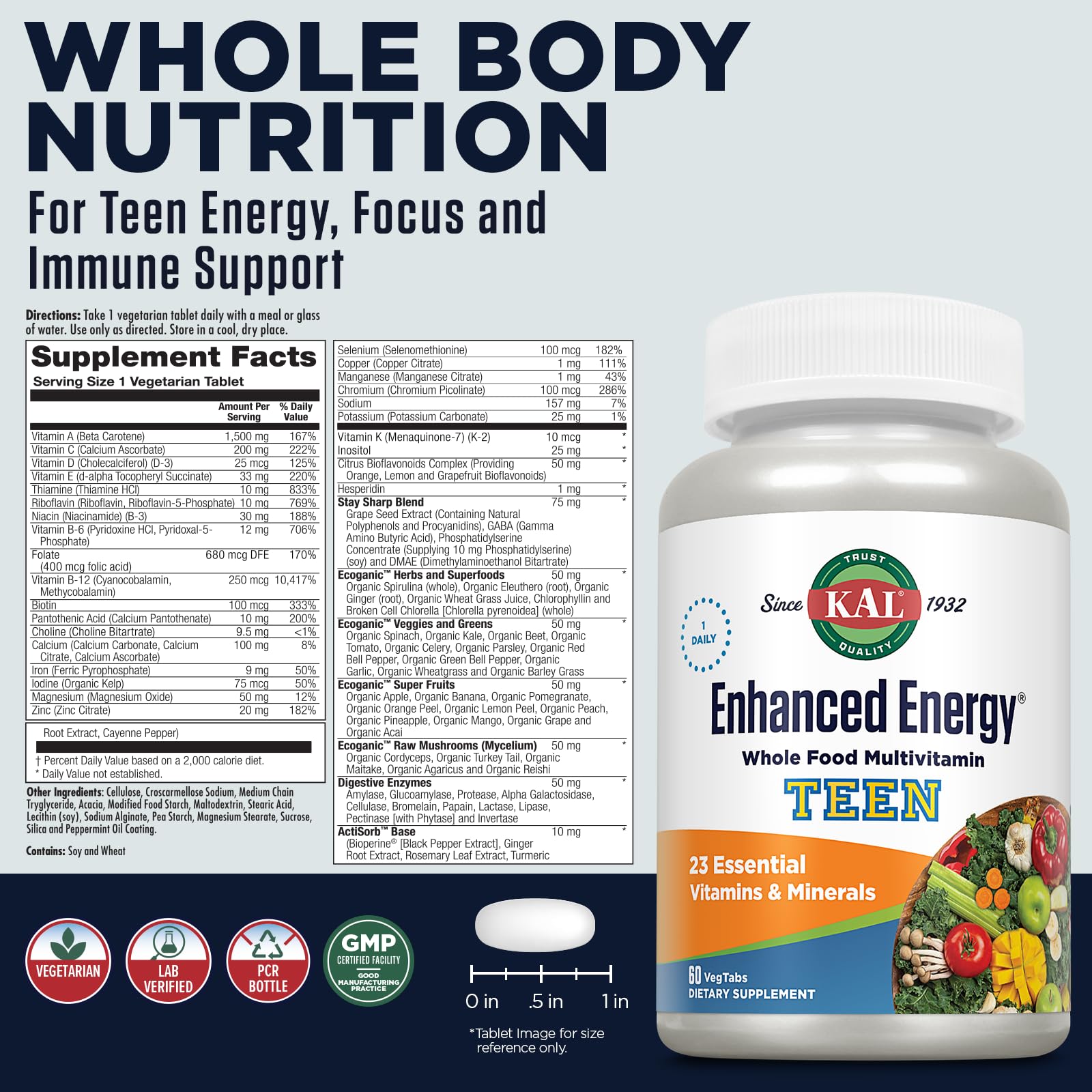 Kal Enhanced Energy labels closeup highlights teen-focused nutrients.