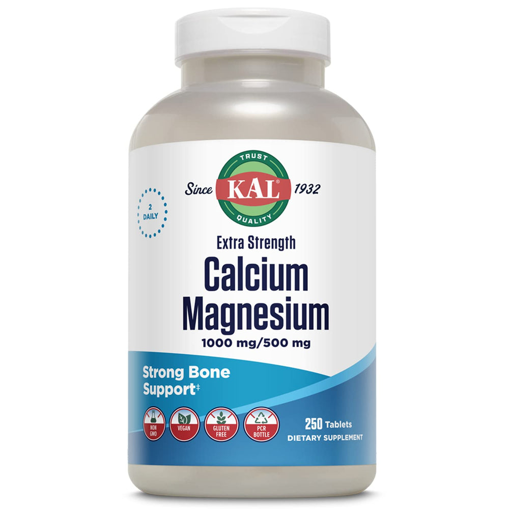 KAL Extra Strength Calcium Magnesium bottle shows bone and teeth support.