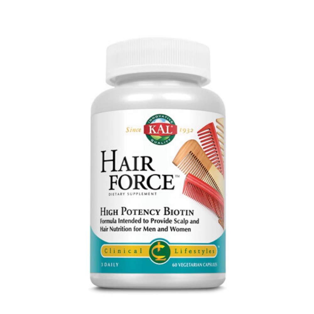 KAL Hair Force Veg Caps in a plastic bottle for daily hair support and wellness.