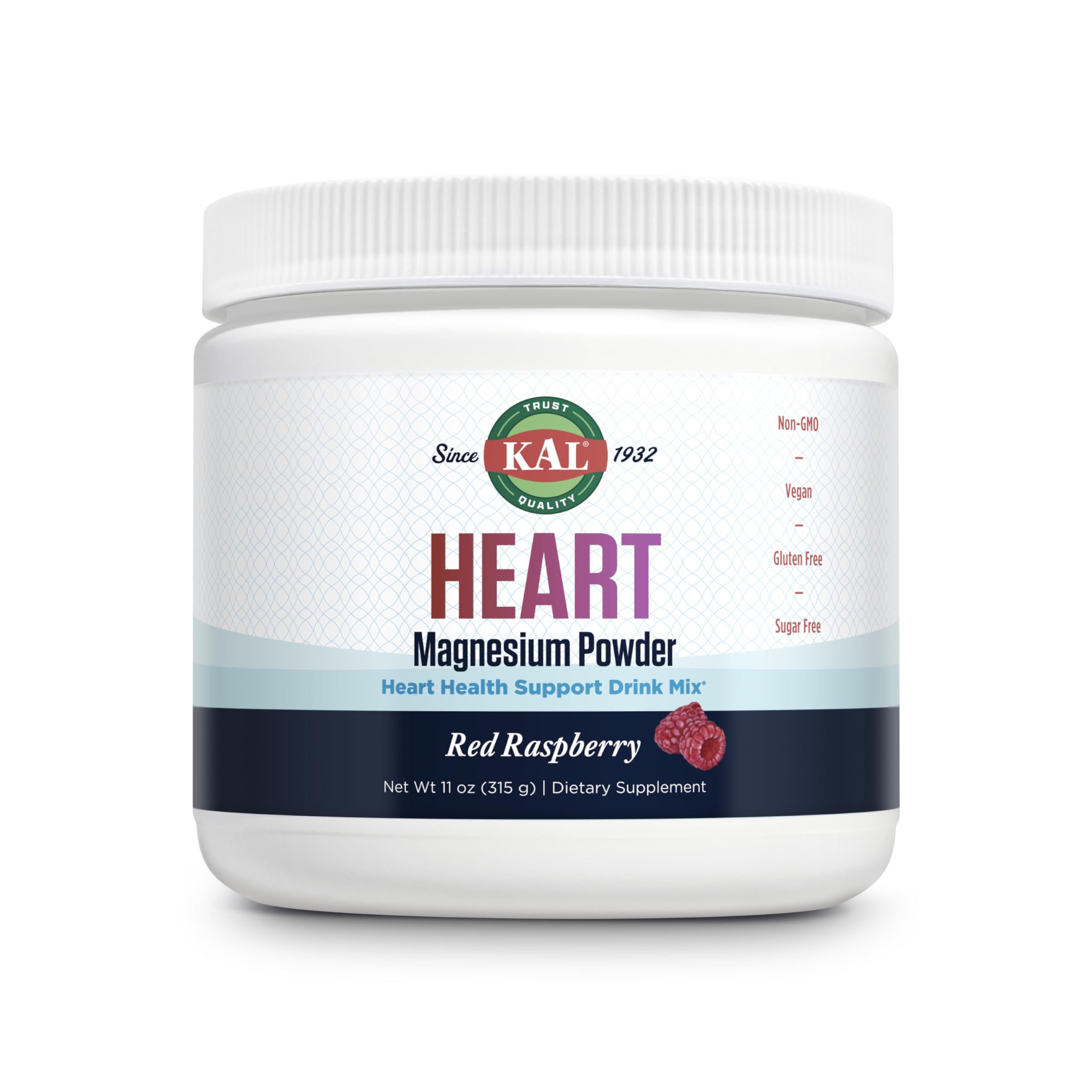 KAL Heart Magnesium Powder bottle front showing raspberry flavor and sugar-free formula.